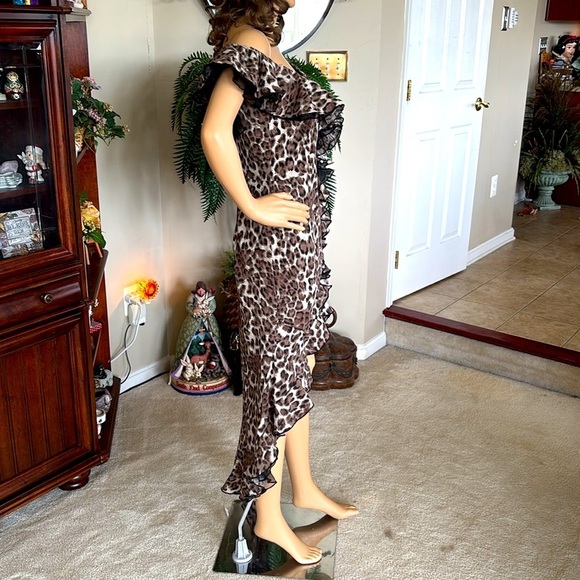 NWOT ANIMAL PRINT RUFFLE BARDOT MIDI DRESS OFF SHOULDER LEOPARD HIGH LOW MULLET - Picture 10 of 16